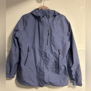 Cabela Blue Hooded Goretex Jacket with Zipper Pockets & storage bag